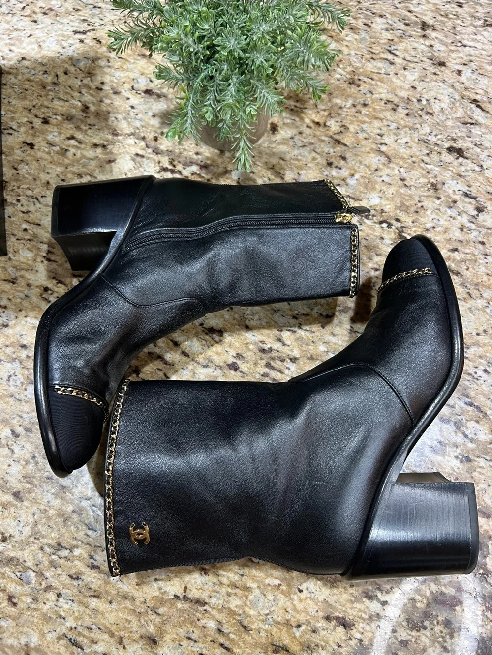 CHANEL Lambskin Grosgrain Cap Toe Gold Chain Short Boots Black 39